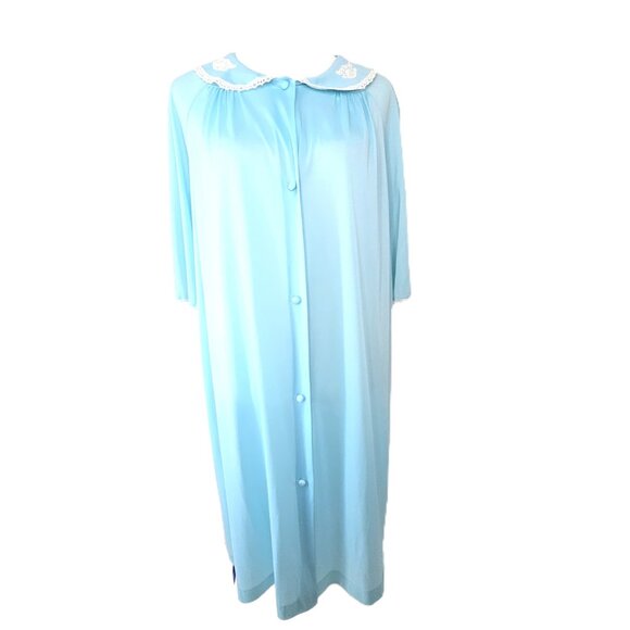 Vintage 70s Nylon Button Front Light Blue Dainty Lace Peter Pan Collar Nightgown - Picture 2 of 8